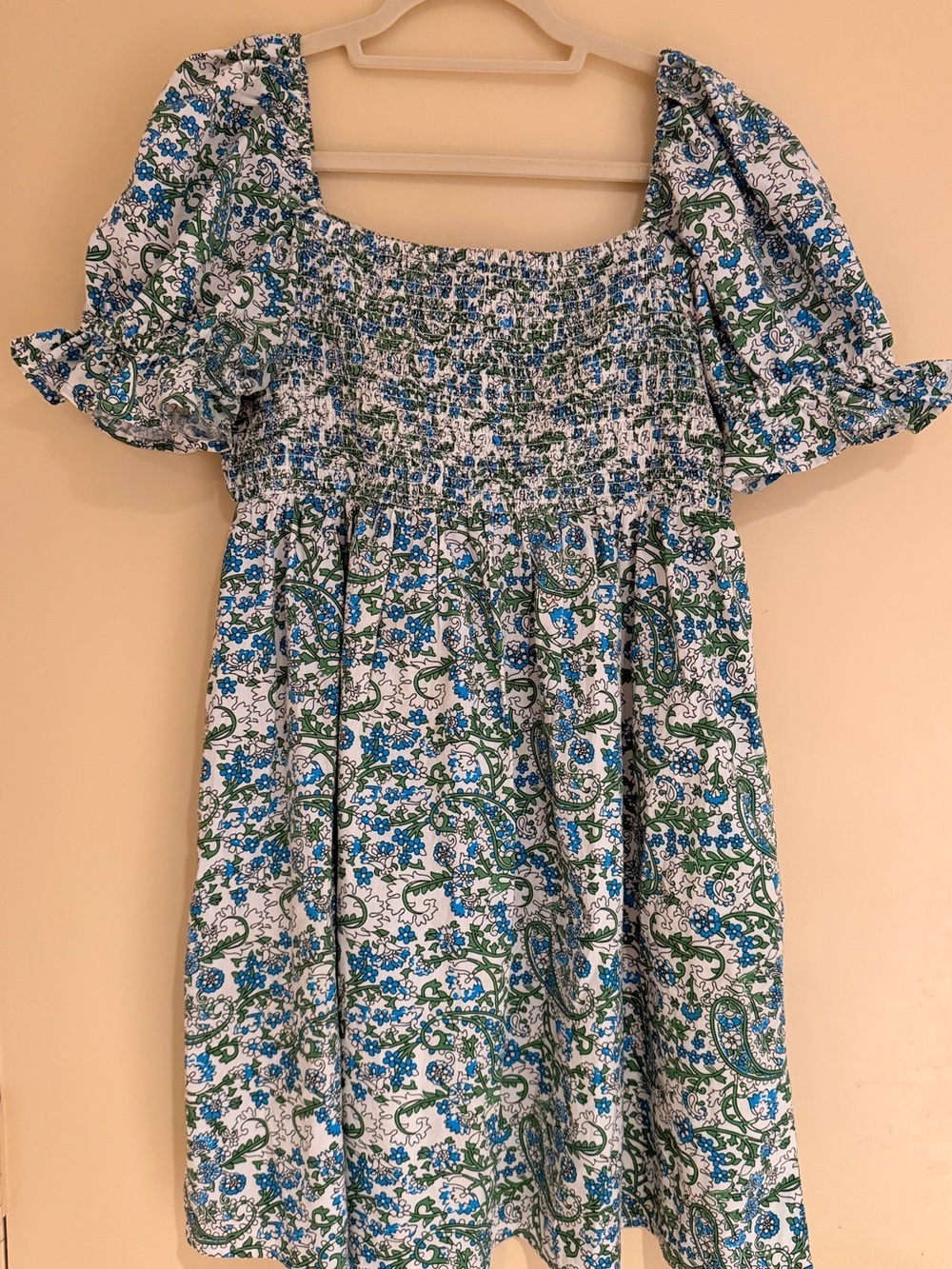 Floral Smocked Mini Dress in Blue, White & Green - Picture 5 of 11